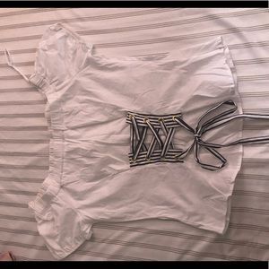 White off shoulder lace up shirt
